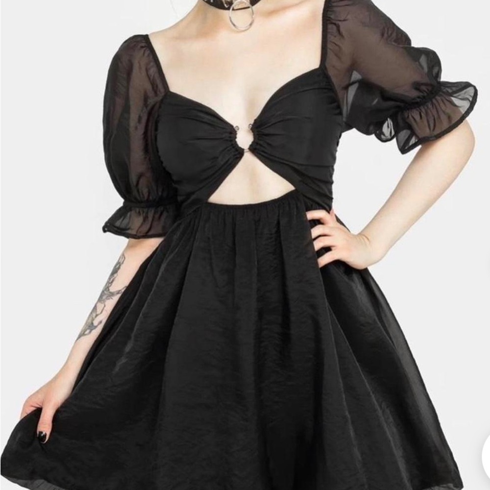 Disturbia Black Mini Dress with Cut-Out and Puff Sleeves